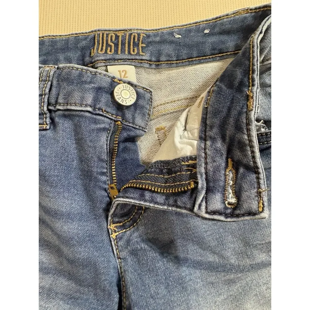 Justice Girls Denim Blue Jean Shorts Size 12 Rolled Cuff Faded
